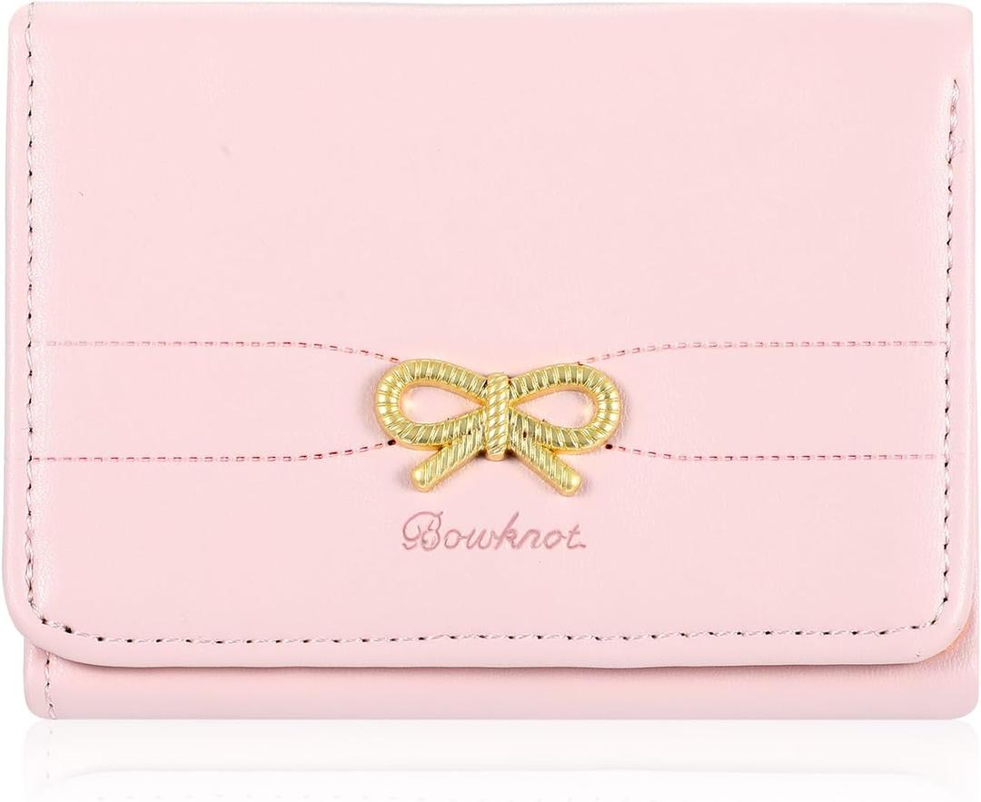 Fashion Foldable Cute Wallets for Women,Girls Wallet with Metal Small Bow,Simple Korea Pink Wallets for Women,Ins Short Aesthetic Wallet,Cute Wallets for Teen Girls and Women(Pink)