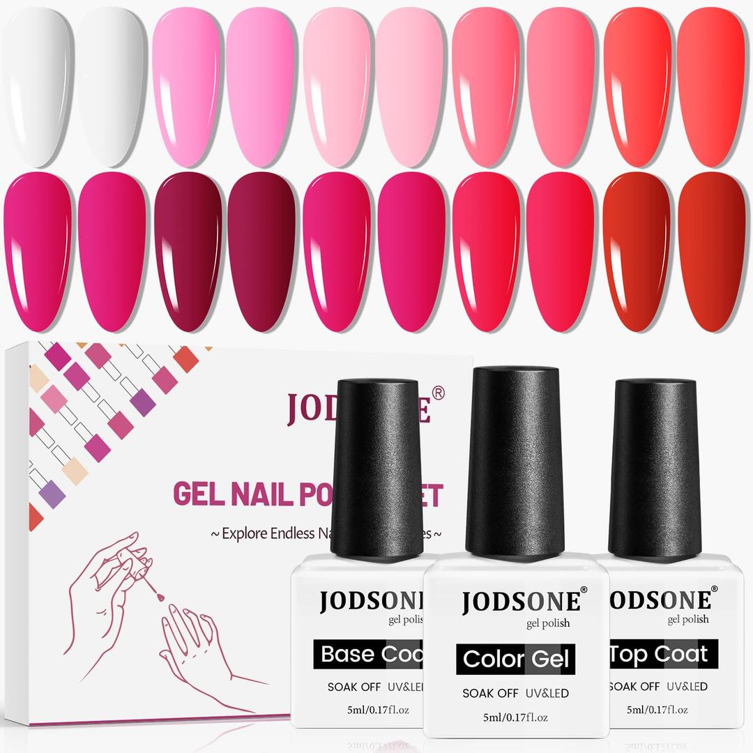 JODSONE 12 PCS Gel Nail Polish Set with Base Coat and Top Coat Limited Red Pink High Gloss Fashion Gifts for Women & Girls