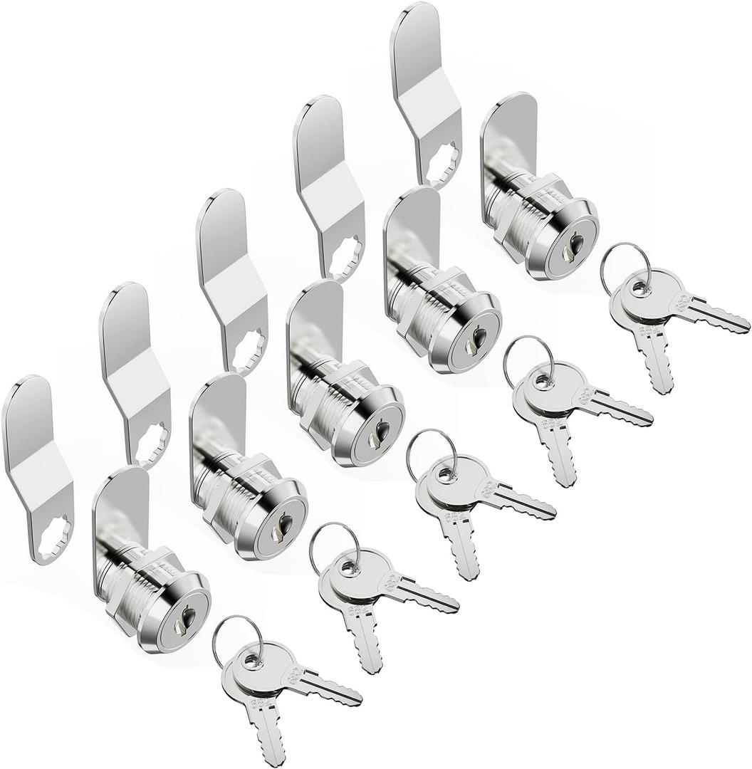 Cabinet Cam Lock Set, 5 Pack Keyed Alike 5/8 Inch Cylinder Cam Locks Secure Mailbox File Drawer Dresser RV Compartment Lock Tool Box Replacement Hardware, Chrome-Finish Zinc Alloy
