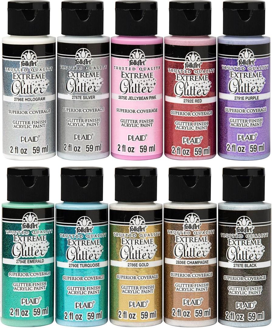 FolkArt Extreme Glitter Acrylic Craft Paint Set Formulated to be Non-Toxic and Designed for Beginners and Artists, Ten 2 oz Bottles, 20 Fl Oz