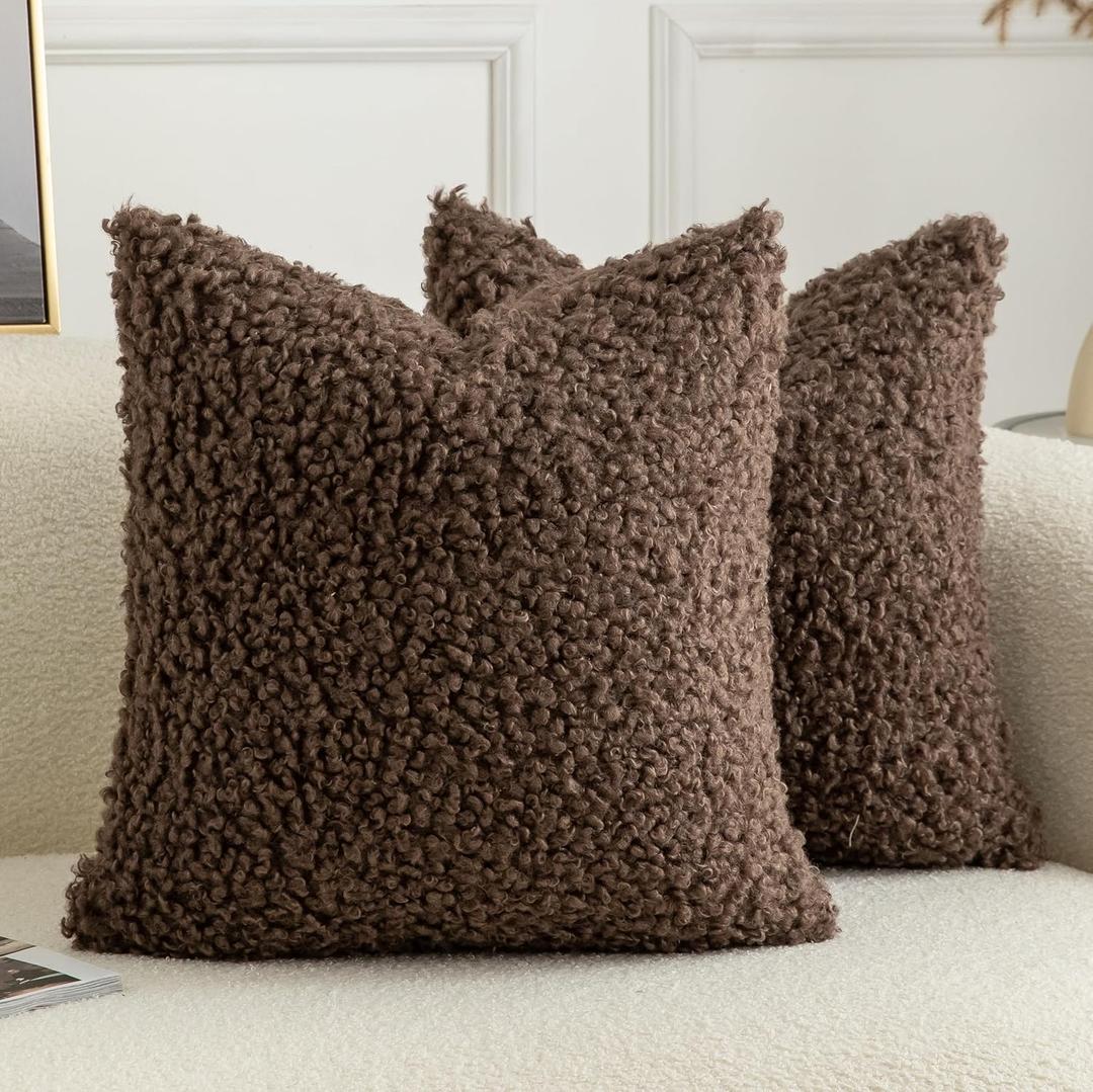 Pack of 2 Curly Teddy Wool Faux Fur Throw Pillow Covers Fuzzy Accent Soft Sherpa Pillowcases Sheepskin Fleece Decorative Cushion Case for Sofa Couch Living Room 16x16 Inch Chocolate