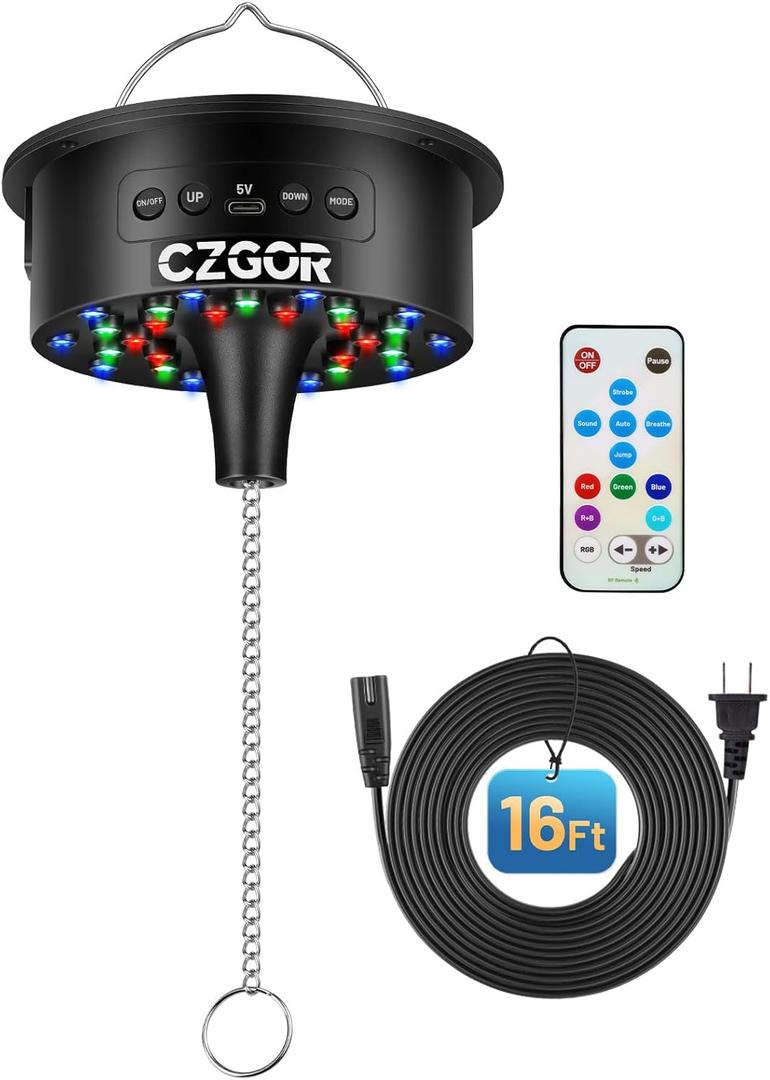 Disco Ball Motor with Light, 0/3/6/9/12/15 RPM Rotating Adjustable Speed Spinner with Remote, 16ft Detachable Power Cable/Battery/USB-C Power Mode, Supports 4'' - 16'' Mirror Balls for Party Outdoor