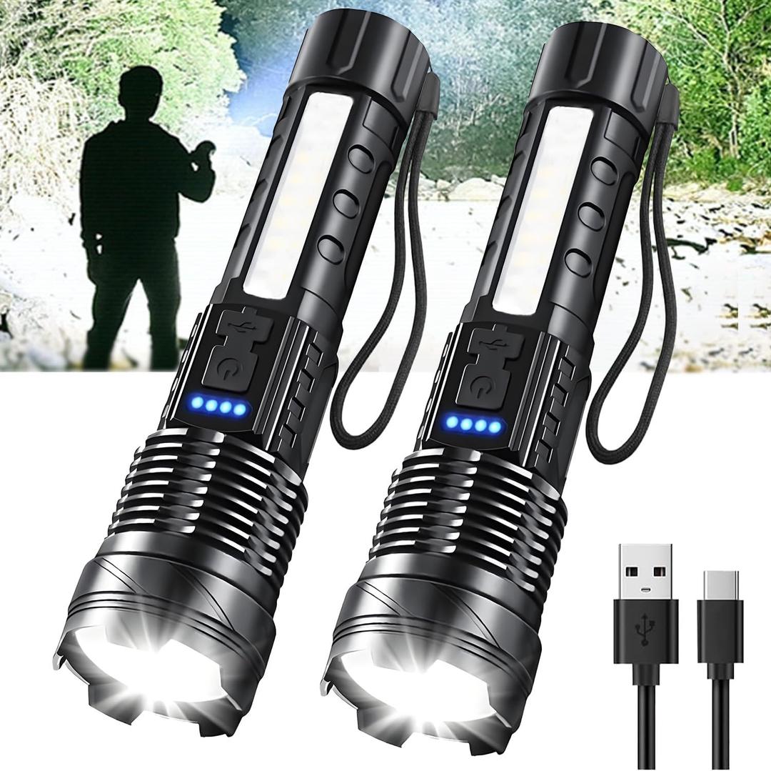 Rechargeable LED Flashlights, 90,000 Lumens Super Bright Handheld FlashLight, 7 Modes with COB Work Light, IPX6 Waterproof, Adjustable Tactical Flash light for Home,Camping and Emergencies-2 Pack, Black 