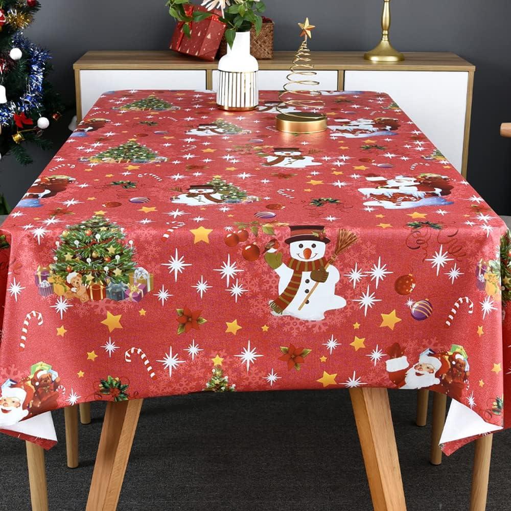 TruDelve Plastic Christmas Tablecloth Rectangle Red Vinyl Christmas Table Cloth Oblong Xmas Table Cover with Snowman for Party (54'' x 72'', Snowman)