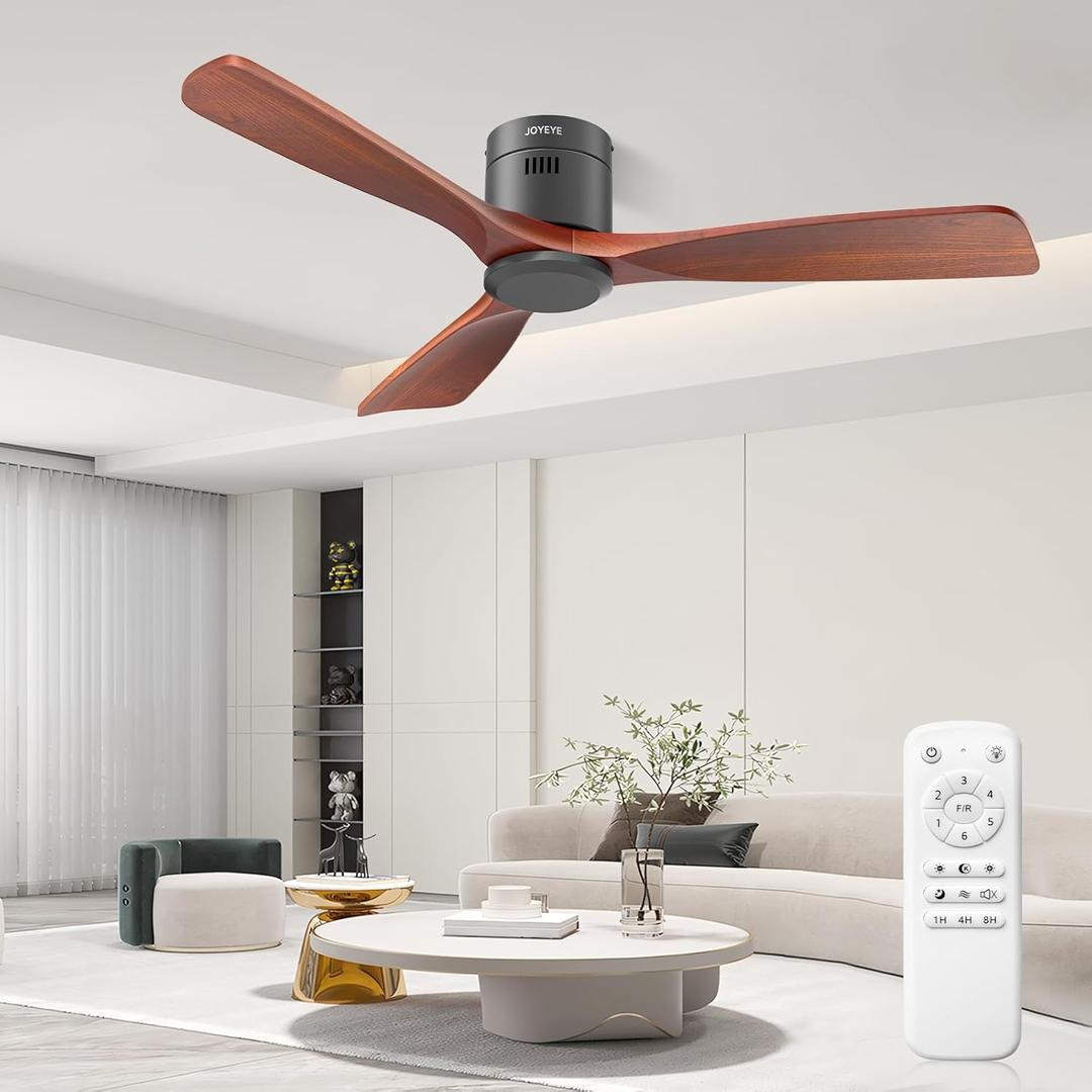 52 Inch Ceiling Fans with Remote no Light, Solid Wood 3 Blade Modern Ceiling Fan, Quiet DC Motor, 6 Speeds, Dimmable LED, Timer, Indoor & Covered Outdoor Living Room, Bedroom, Patio (Darkwood)