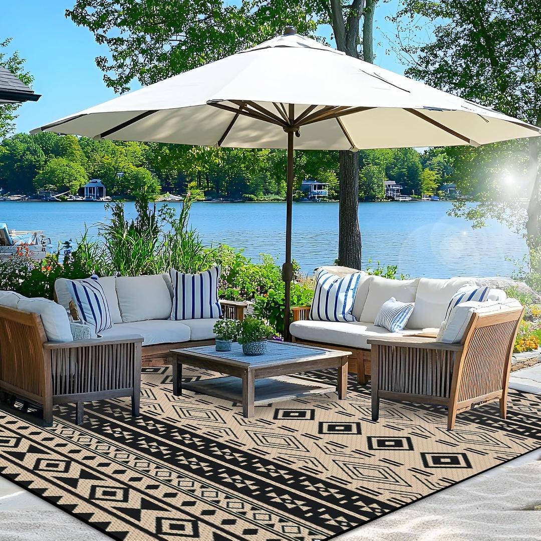 Wallona Outdoor Rugs 9x12 ft Patio Waterproof Clearance Indoor Outdoor Large Carpet for Patio Plastic Straw Reversible Area Rugs Mat for RV, Camping, Balcony, Beach, Picnic, Porch, Boho Black & Beige