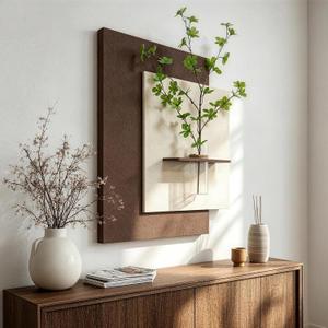 3D Textured Neutral Wall Art with Vase and Shelf, Beige and Brown Sandstone Abstract Artwork for Walls, Boho Minimalist Plant Botanical Wall Decor for Living Room, Hallway, Dining Room, 22x28 In