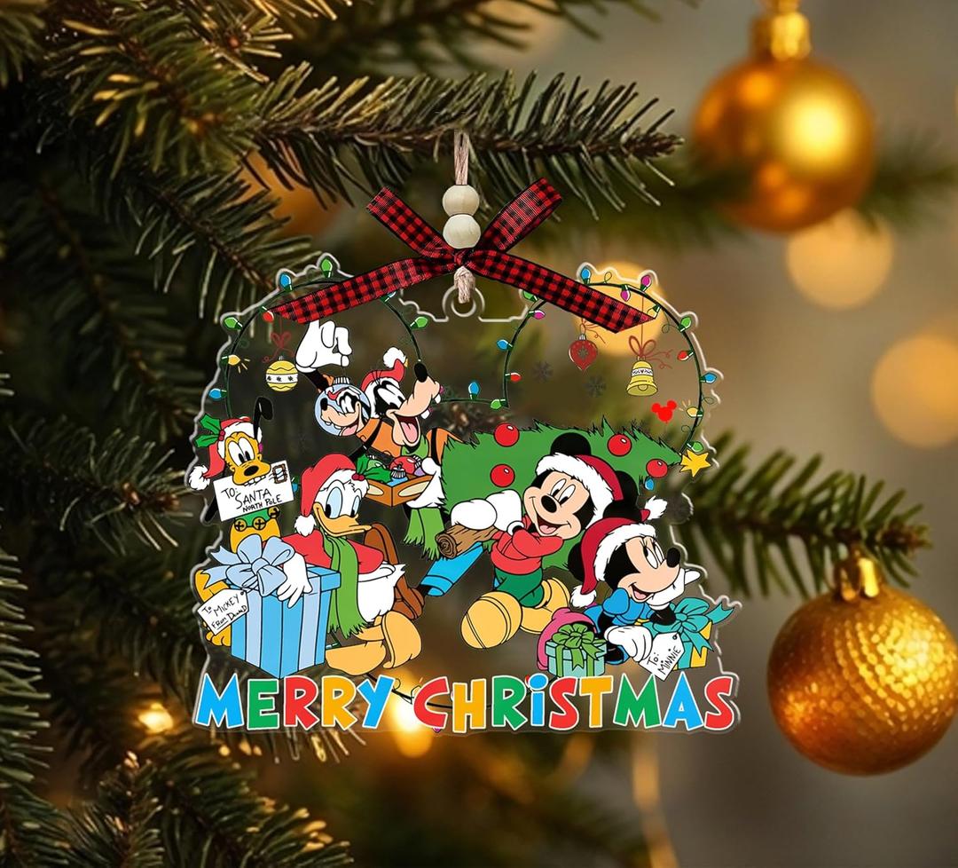 Mouse & Friends Christmas Acrylic Ornament, Holiday Tree Hanging Decoration, Mickey-Style Mouse & Friends Cartoon Ornament Gift for Kids, Boys, Girls, Fans Cartoon (with Red Bow & Wooden Beads)