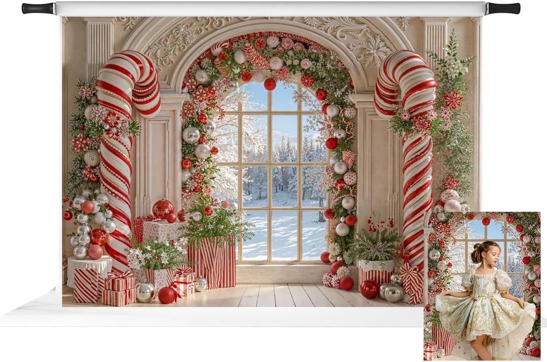 Kate Christmas Candy Cane Retro Arched Window White Snow Gifts Backdrop Photo Background Studio Props,7x5ft
