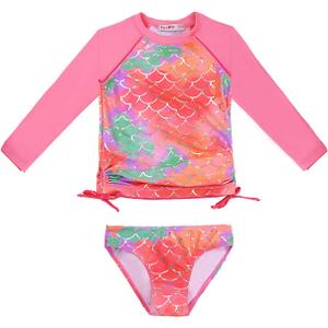 weVSwe Girls Rash Guard Swimsuit Rare Hem Cuffs Bathing Suit UPF 50+ Protection (3-4T, Green Fish Scales)