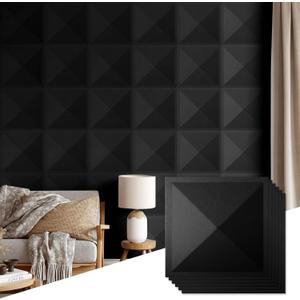 12 Pack 3D Wall Panels for Interior Wall Decor, Accent Wall Panels for Office Living Room Bedroom Hotel Lobby, 12''x12'' PVC Pyramid Wallpapers Cover 12.Sq.FtBlack
