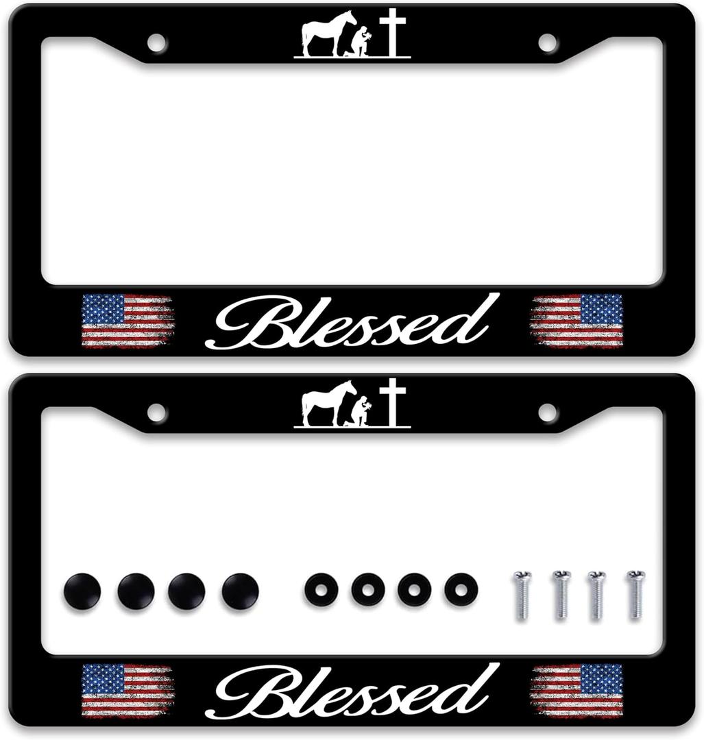 2pcs Blessed American Flag License Plate Frame Cross Pray for Us License Plate Frames Stainless Steel Accessories Cars Decor with 2 Holes and Screws Fits Standard Us Ca Vehicles Size 12.2 X 6 Inch