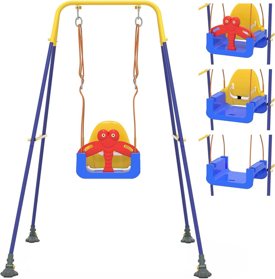 3-in-1 Toddler Swing Set, Baby Swing with Safety Belt, Indoor/Outdoor, Easy to Assemble Kids Swing Seat with Sturdy Metal Stand for Playground, Backyard and Nursery, Blue Yellow
