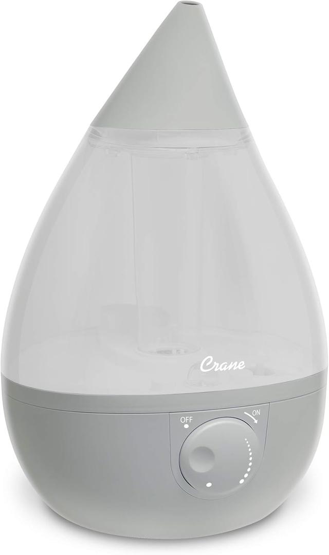 Crane Ultrasonic Teardrop Cool Mist Humidifier, Large 1 Gal Tank, Automatic Shut-Off, Baby Humidifiers for Nursery and Bedroom, Grey (1 Gallon)