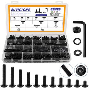 621PCS Black M5 Button Head Hex Socket Cap Screws, M5x8/10/12/14/16/18/20/25/30/35/40mm Metric Screws Bolts Nuts Washers Assortment Kit with Wrench,12.9 Grade Carbon Steel,Black Oxide Finish