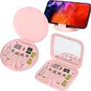 evron USB Adapter Multi Charging Cable Case 2pc Set,Micro USB Cable Gadgets Box with Phone Kickstand,USB C to Micro,Type C to iOS Device,Data Transfer,Card Storage,SIM Card Pin (Pink(Disc+Mirror))