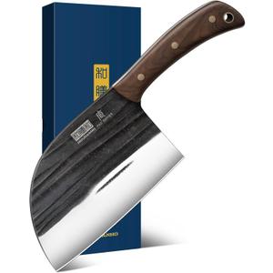 HOSHANHO 6.5 Inch Serbian Chef Knife, High Carbon Steel Meat Cleaver Knife for Meat Cutting, Handmade Forged Heavy Duty Butcher Knife with Full Tang for Home & Camping & BBQ Gift for Men