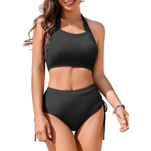 AI'MAGE Womens High Waisted Bikini Sets Cheeky Push Up Two Piece Swimsuits Drawstring Halter Tummy Control Bathing Suit Black Large