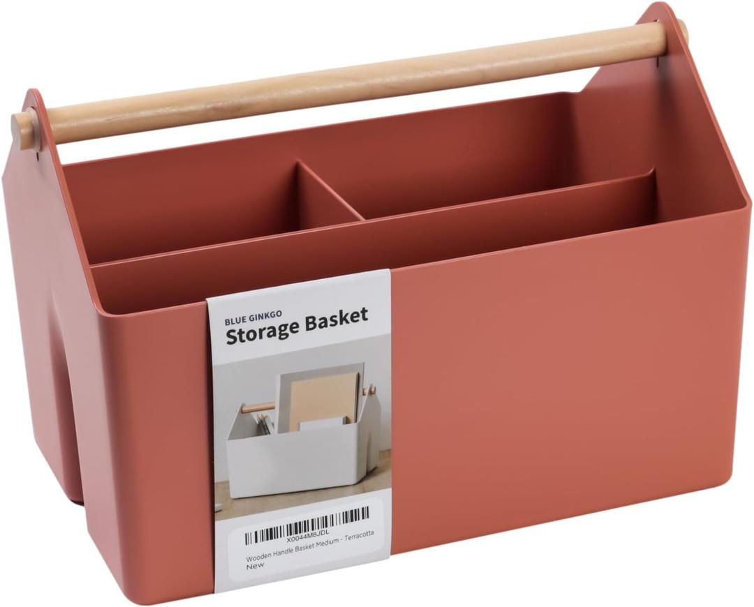 BLUE GINKGO Medium Storage Basket  Plastic Caddy with Wooden Handle for Office, Arts & Crafts, or Home Supplies (Terracotta)