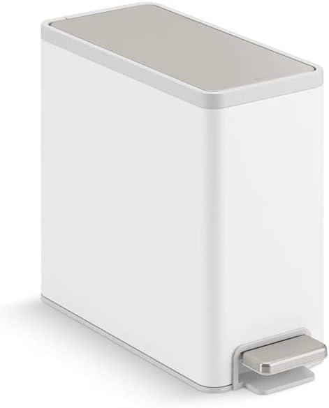Kohler 20957-STW 2.5 Gallon Slim Step Trash Can, Bathroom Trash Can with Soft-Close Foot Pedal, White with Stainless Steel (White Stainless Steel)