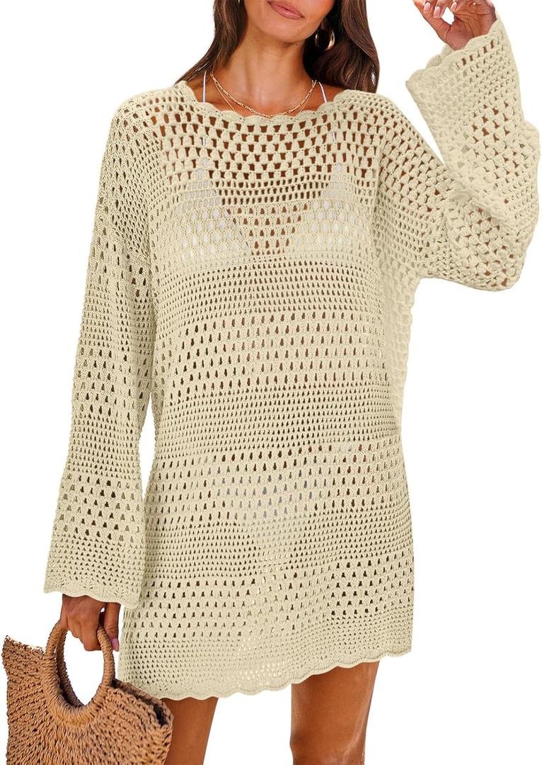 ANRABESS Women Swimsuit Crochet Swim Cover Up 2025 Summer Bathing Suit Swimwear Mesh Knit Beach Dress Vacation Outfits (Medium, Beige) ANRABESS Women Swimsuit Crochet Swim Cover Up 2025 Summer Bathing Suit Swimwear Mesh Knit Beach Dress Vacation Outfits (Medium, Beige)