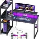 ODK Reversible Gaming Desk LED Lights, 40 Inch Computer Desk with Storage Shelves & Monitor Stand, Study Table for Home Office, Small Space Bedroom, Carbon Fiber Black