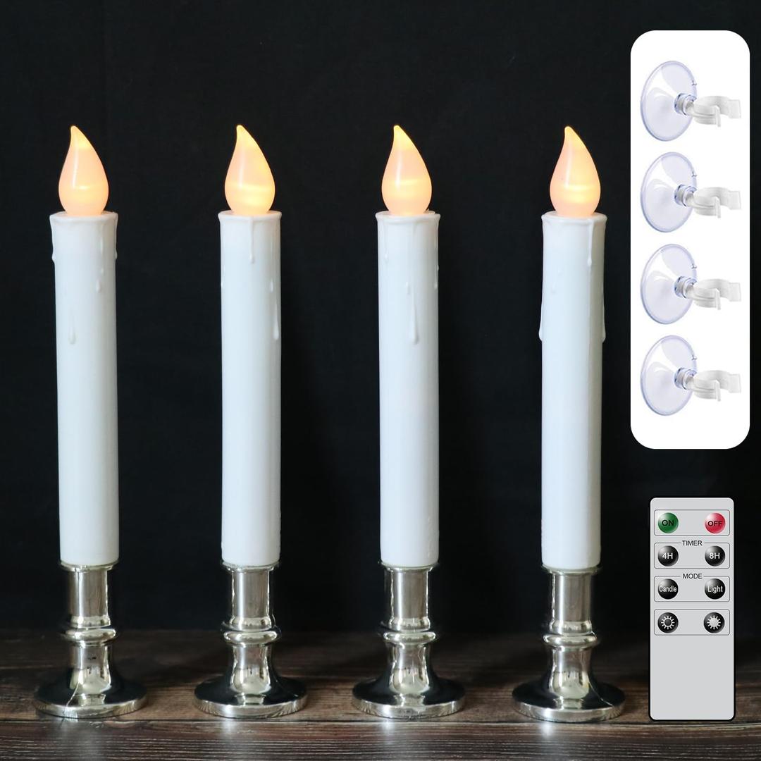 DRomance 9" Flameless Window Taper Candles Battery Operated with 8-Key Remote and Timer, 4 Pack White Christmas Holdiay Window Candles with Silver Holders, Suction Cups and AA Batteries Included