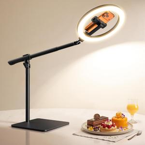 LUXSURE Ring Light with Stand for Desk,Adjustable Overhead Phone Mount with 10" Selfie Light Phone Tripod with Ring Light and Remote, Phone Stand with Light for Video Recording,Live Stream,Cooking (Black)