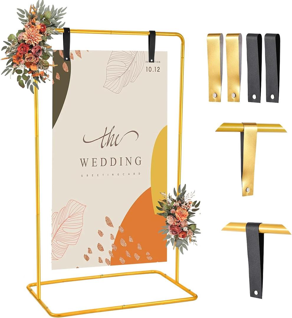 Nisoger Wedding Welcome Sign Stand, 68”x31”x 20” Heavy Duty Easel Stand for Sign with 4 Leather Strap, Welcome to Our Wedding Sign Holder, Metal Floor Standing Easels for Signs, Poster, Gold