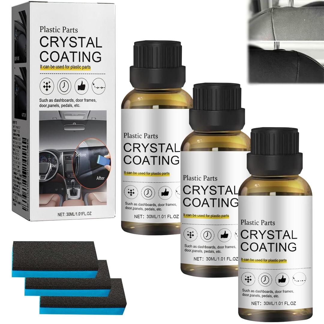 Crystal Coating for Car Plastic Parts,Plastic Restorer Refurbish Agent with Sponge,New Crystal Coating for Cars,Scratch Remover for Interior & Exterior,Easy to Use Car Refresher (3PCS)