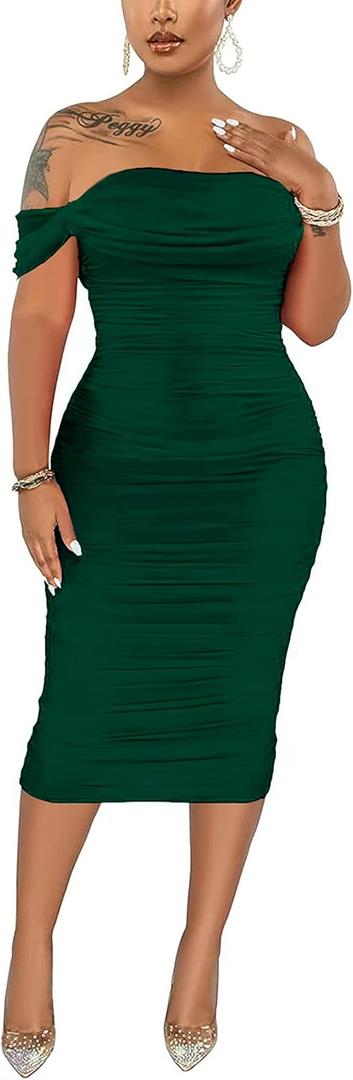 Women's Sexy Off Shoulder Sleeveless Bodycon Ruched Midi Elegant Cocktail Evening Party Night Tube Dresses (XX-Large, 88-dark Green)