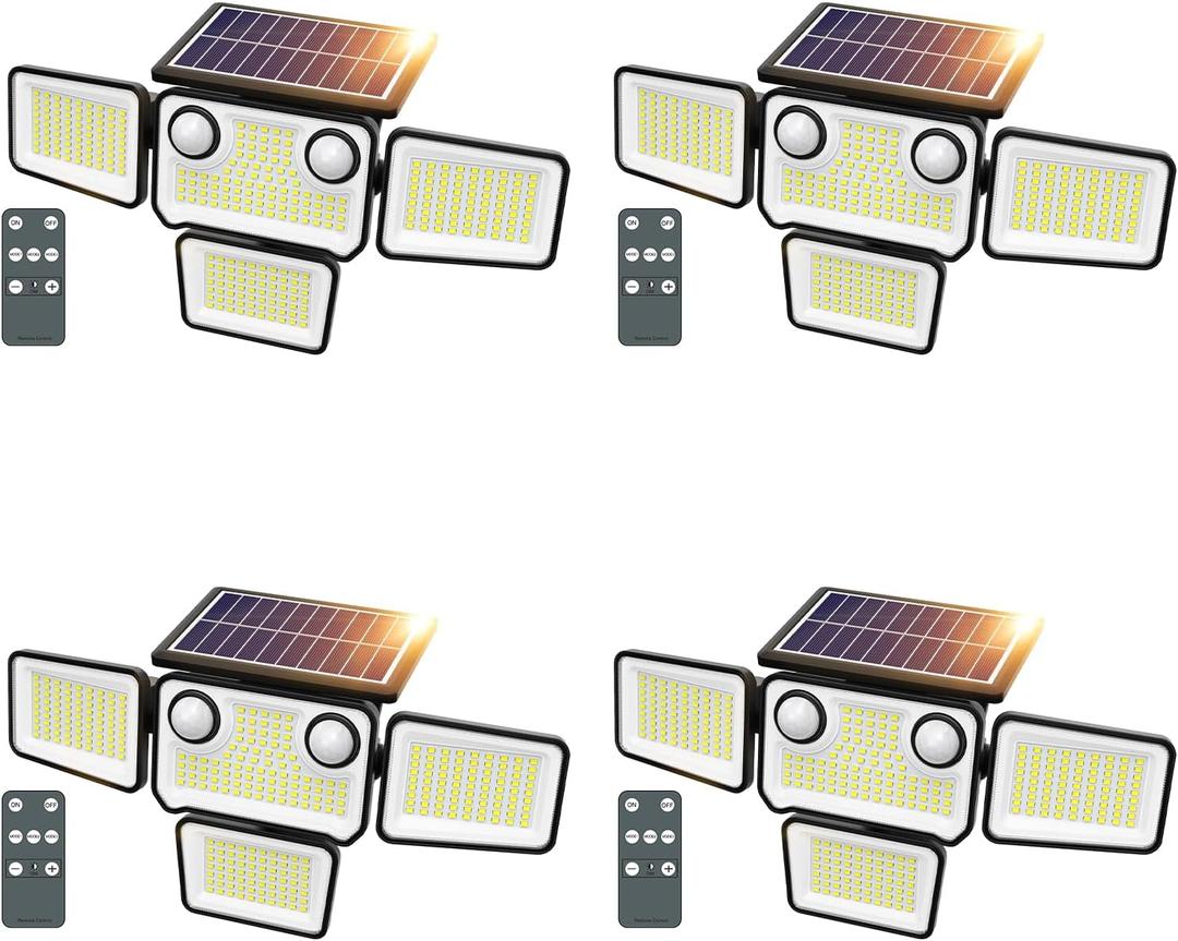 Outdoor Solar Lights for Outside, 324 LED 3000LM Motion Sensor Outdoor Lights Waterproof IP65, 4 Heads Solar Powered Flood Security Light with Remote Control & 3 Mode for House Yard 4 Pack
