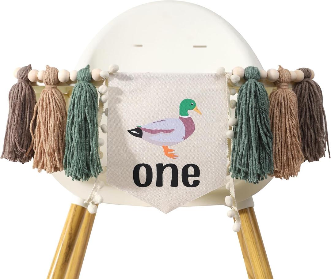Lucky Duck Tassel High Chair Banner - Mallard Duck & Duckling 1st Birthday Party Decorations