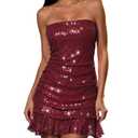 Women's Sparkly Sequin Mini Dress Bodycon Strapless Ruffle Hem Short Dress for Prom Party Club, Size: Medium