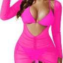 3 Piece Swimsuits Women Bikini Sets Triangle Halter Bathing Suit with Sexy Mesh Beach Cover Up (XX-Large, Pink)