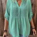 MSHING Women's Plus Solid Color Casual top 3/4 Sleeve V-Neck Hollowed Out Embroidered Button up Shirt (Green, XXXL)