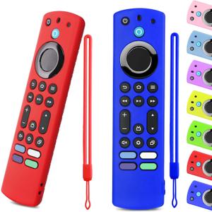 OneBom (2pcs) Silicone Remote Cover for Firetv 4K Max (2nd)/ Insignia/Pioneer/Toshiba/Omni (QLED) Series, Anti-Slip Protective Case with Same Color Lanyard (Blue&Red)