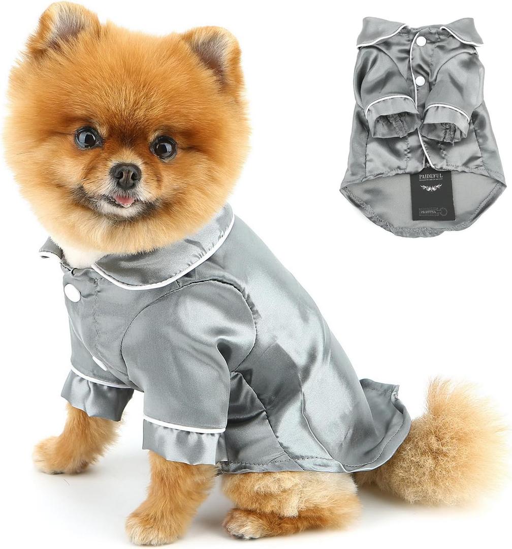 Soft Faux Silk Sleepwear for Small Dogs, Cats Lapel Doggie Loungewear, Lightweight Breathable Puppy Pajamas PJS Two-Legged Pet Shirt Clothes Summer Spring, Chihuahua Apparel, Button Up, Gray, Small