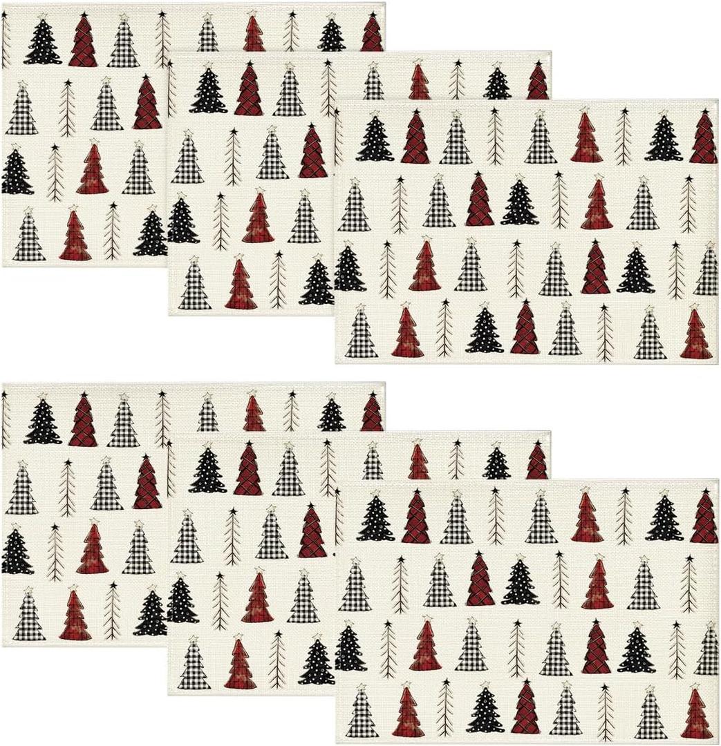 Artoid Mode White Xmas Tree Christmas Placemats Set of 6, 12x18 Inch Winter Table Mats for Party Kitchen Dining Decoration (Red/Beige)