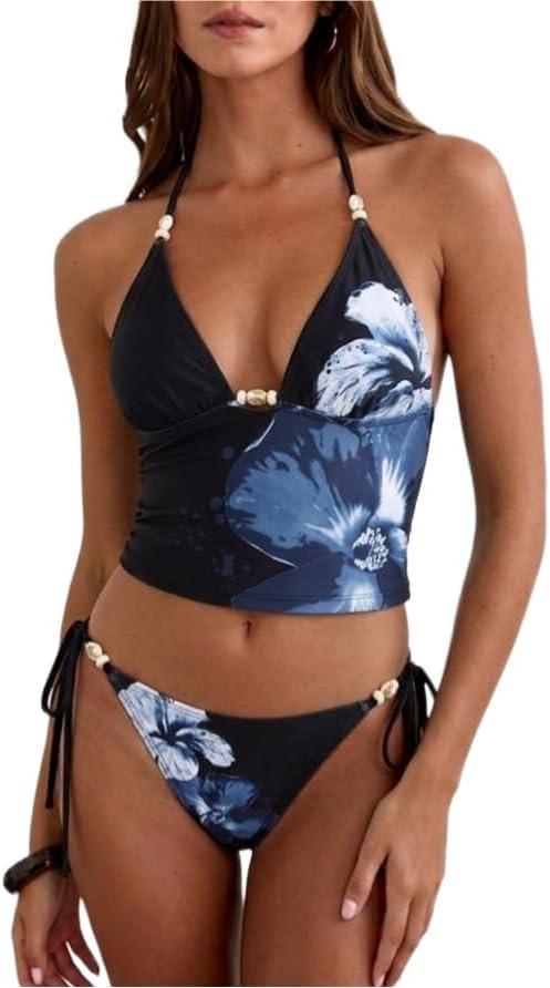 ZAFUL Womens Tankini Swimsuits Halter V Neck Tummy Control Swimwear High Cut Tie Side Bathing Suit 2026, Blue-flower, Large