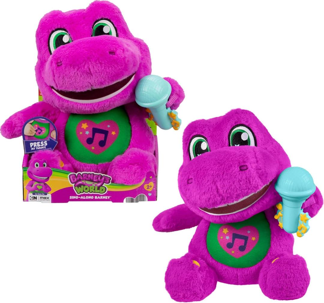 Barneys World Toddler Toys by Fisher-Price, Barney Tall Plush, 10.5 -inch Figure with Sounds, Soft Texture for Play, Kids Ages 2+ Years