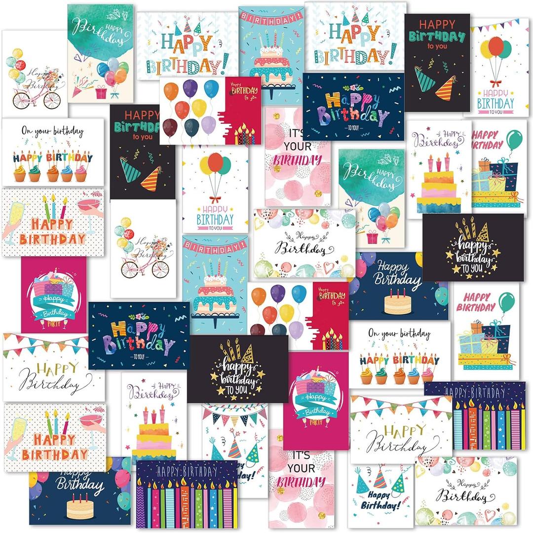 Harloon 200 Pack Happy Birthday Card Assorted Bulk with Blank Envelopes and Stickers 4 x 6 Inches Greeting Blank Happy Birthday Cards for Men Women Adults Kids, 20 Styles (Colorful Style)