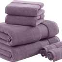 Madison Park Turkish 100% Cotton Towel Set, 600Gsm Luxury Premium Weight, Soft Absorbent Hotel Bathroom Shower Hand Face Washcloths, Assorted Sizes Purple 6 Piece