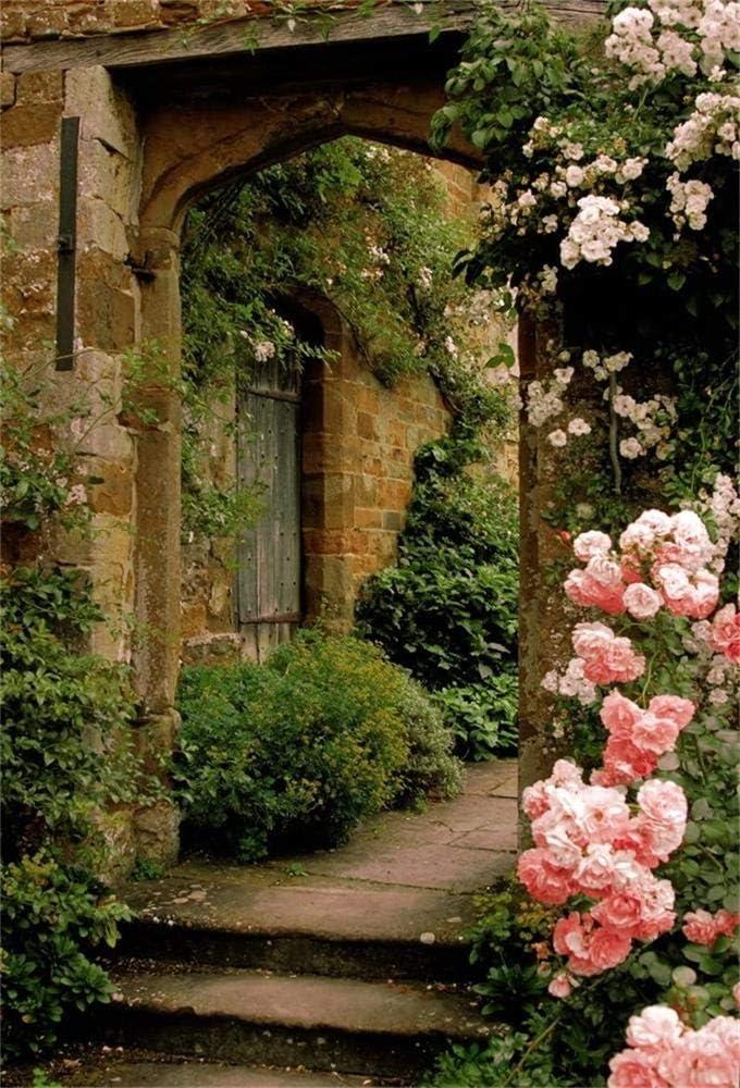 AOFOTO 8x10ft Vintage Garden Flowers Backdrop Blossoms Photography Background Medieval Castle Shabby Brick House Girl Adult Artistic Portrait Travel Photo Shoot Studio Props Video Drop Wallpaper Drape