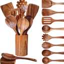 Wooden Spoons for Cooking 10 Pieces Set, Kitchen Utensils Spatula, Wooden Cooking Utensils Spoons, with Spoon Rest, Strainer Spoon, Pasta server, Fried Spatula and Salad Fork, Utensil Holder