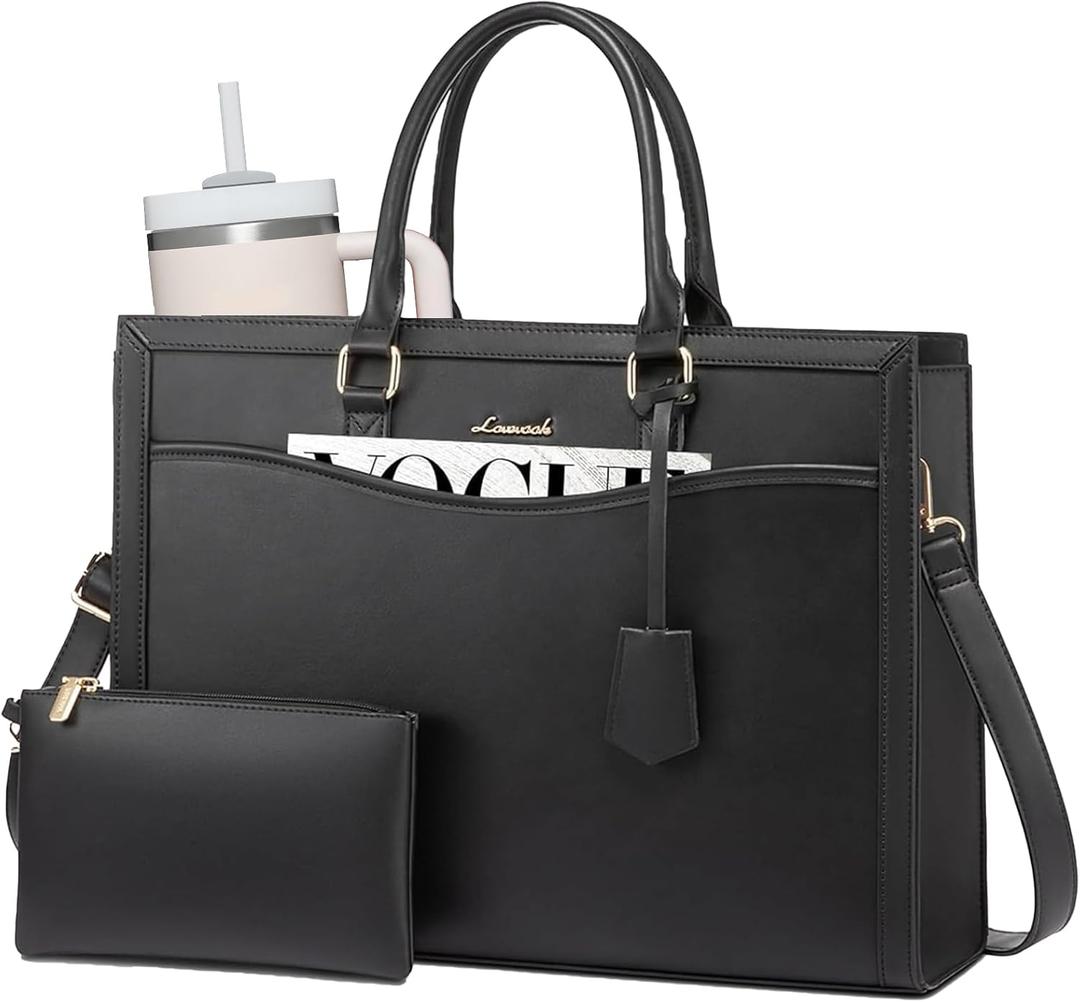LOVEVOOK Laptop Tote Bag for Women, Office Work Bag Briefcase fit for 15.6 inch Laptop, Large Capacity Teacher Bag Handbag (Leather/Black)