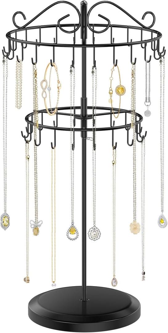 iDavosic.ly 2 Tier Rotating Necklace Holder Organizer with 42 Hooks, Adjustable Metal Bracelet Display Stand Rack, Extra Tall Keychain Spinning Tree Tower for Women, Black