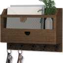Nekon Key and Mail Holder for Wall, Key Organizer with 5 Hooks & Storage Drawer, 11" W x 7.9" H x 3.1" D Wooden Key Rack for Entryway and Home Decor (Brown)