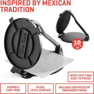Uno Casa Cast Iron Tortilla Press 10 Inch - Tortilla Maker Press, Pre-Seasoned Roti Maker with 100 Pcs Parchment Paper - Heavy Duty Quesadilla Maker for Homemade Flatbreads, Rotis, Empanadas