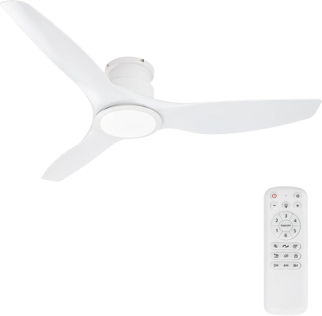 52 Inch Ceiling Fan with Light, Remote Control Flush Mount Low Profile for Bedroom Living Room Home Office,DC Motor,Reversible,White